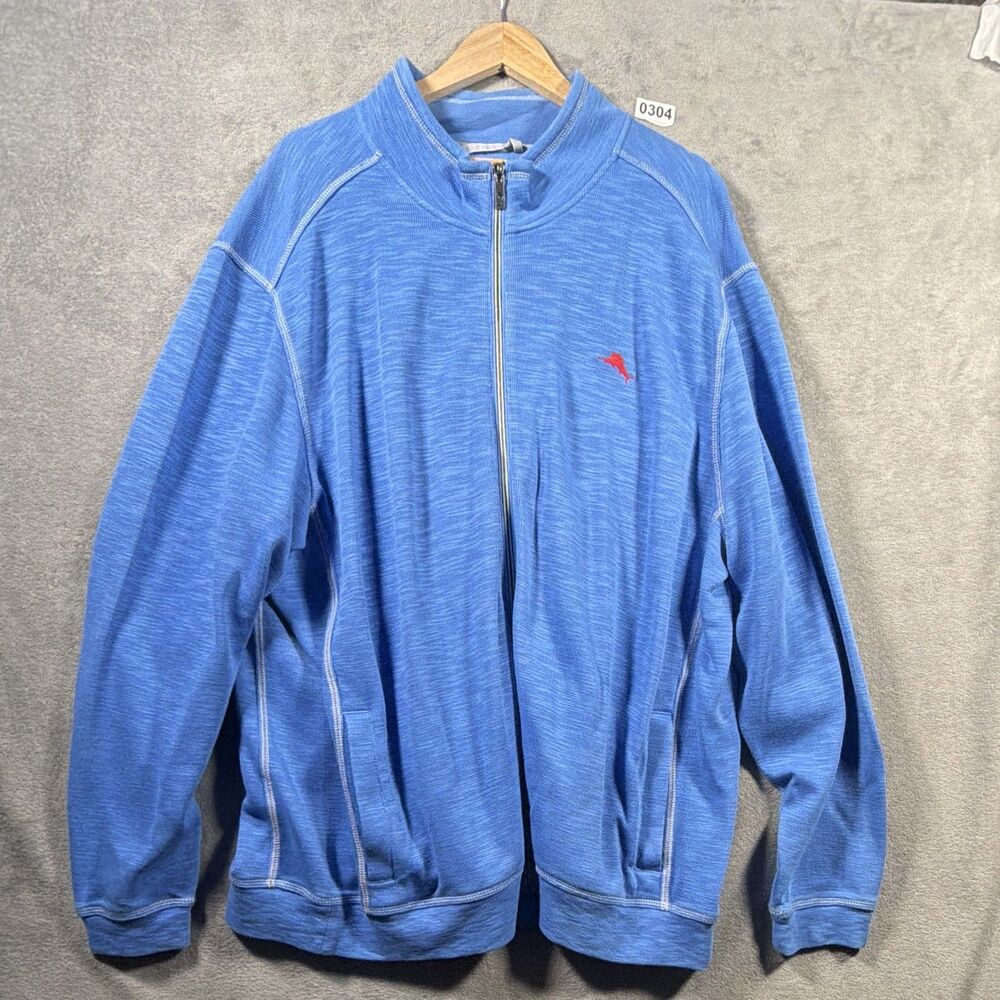 Tommy Bahama Blue Full Zip Mock Neck Sweatshirt Knit Logo Pockets Men’s 3XL